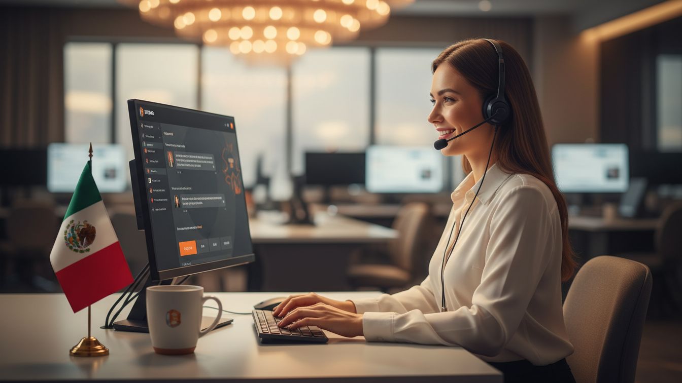 Agente de soporte al cliente con auriculares, chat en pantalla y detalles mexicanos en escritorio