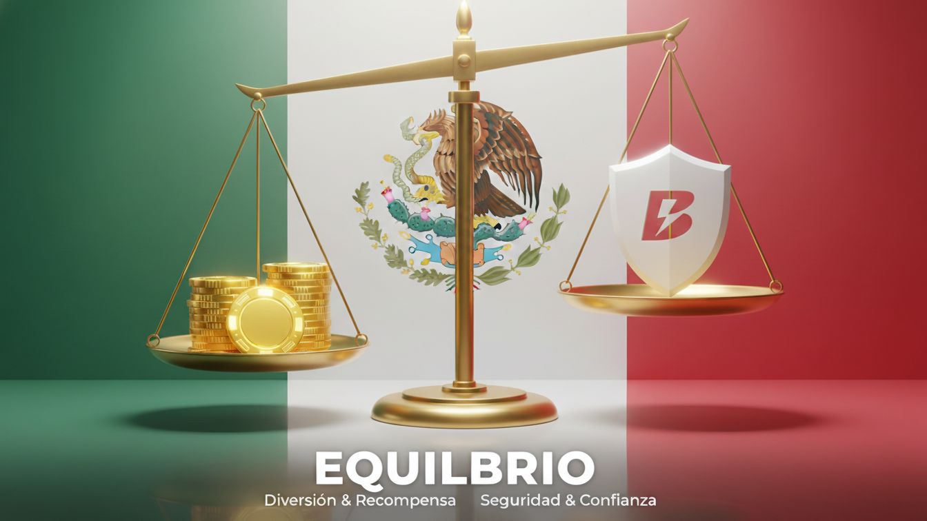 Balanza equilibrando fichas de casino y símbolo de seguridad sobre fondo con colores de México