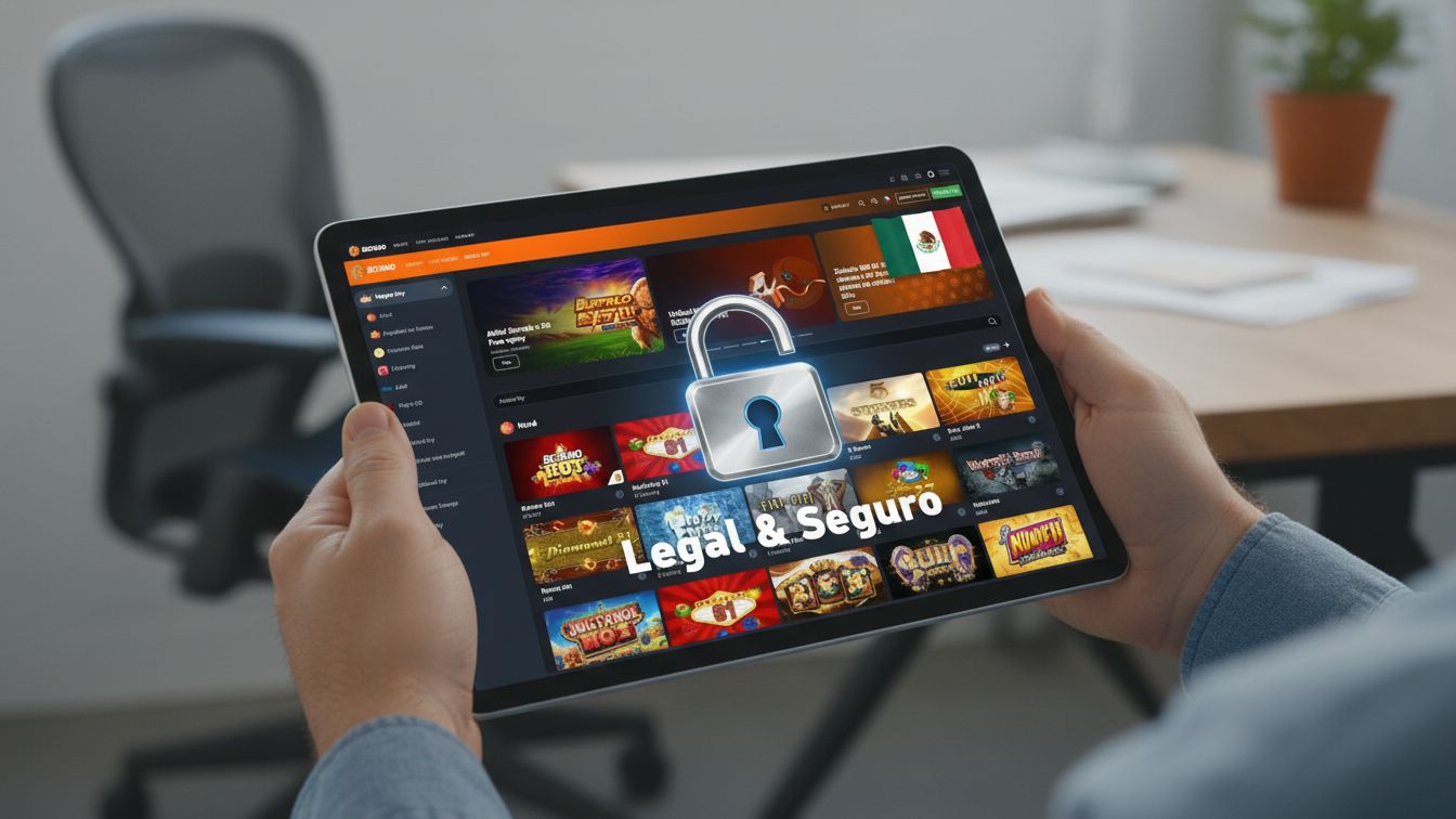 Manos sosteniendo tablet con icono de candado y texto legal seguro en español con bandera mexicana