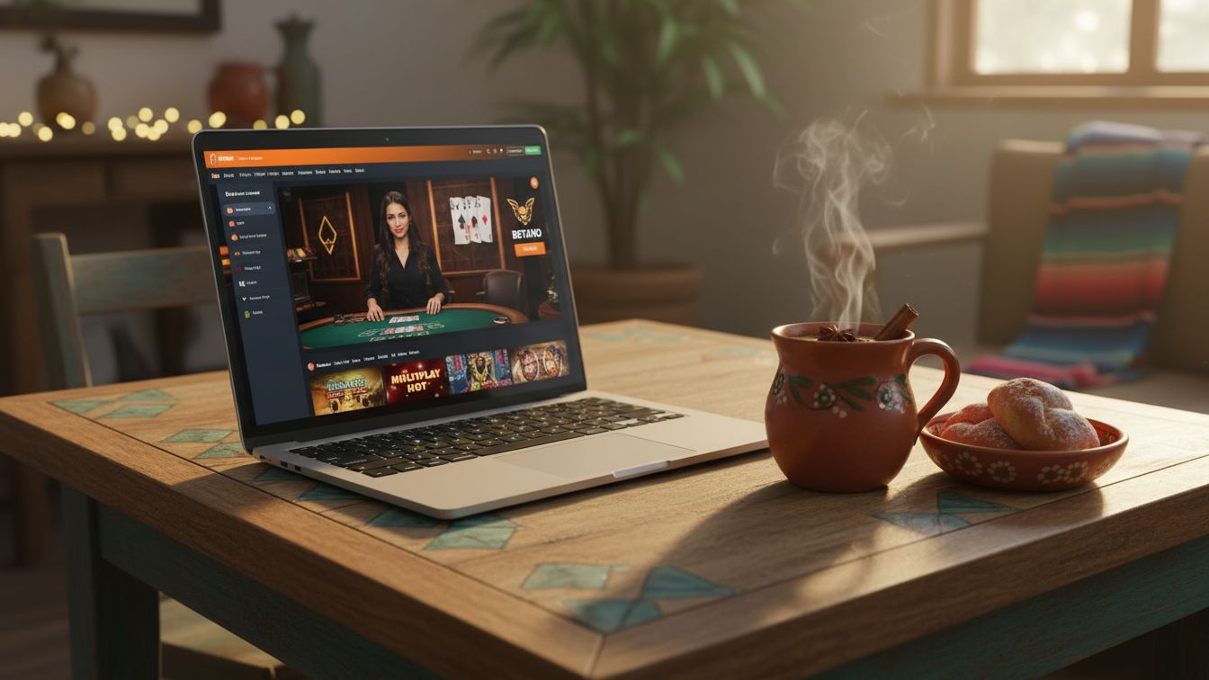 Laptop mostrando crupier en vivo sobre mesa con café tradicional mexicano en ambiente hogareño